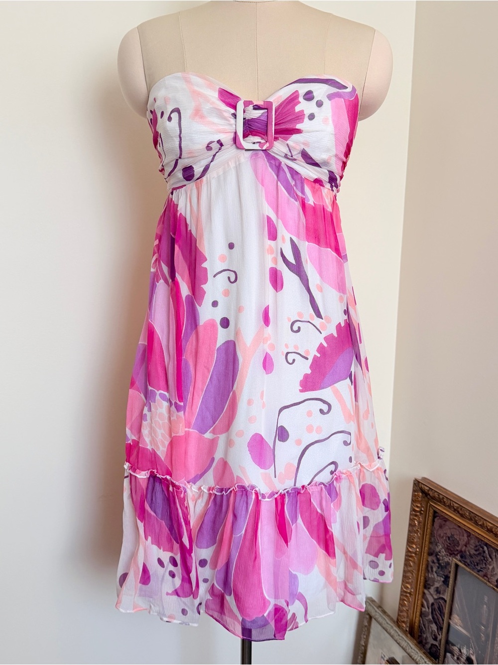 Guess Marciano 100% Silk Watercolor Abstract Strapless Mini Dress Size L